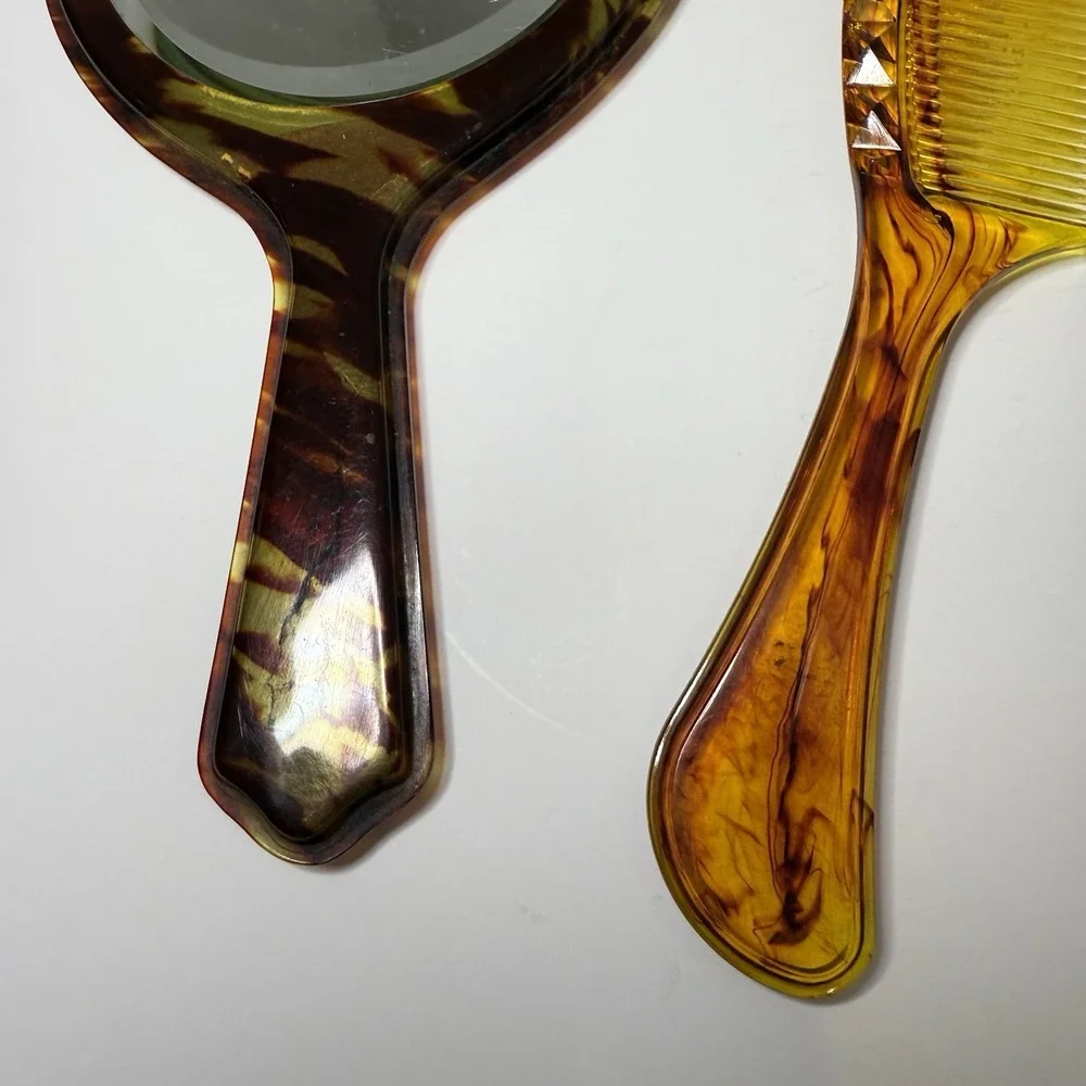 Antique Victorian Faux Tortoise‎ Shell Celluloid Handled Mirror Brush Vanity 8